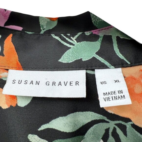 Susan Graver Satin Floral Blouse Size XL Black Long Sleeve Button up Top NWOT - Picture 5 of 12